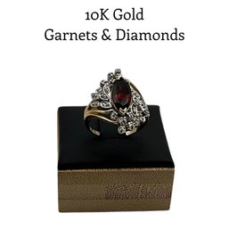 Lot 24DD- 10K Gold With Garnets And Diamonds Cocktail Ring Size 6 - WE SHIP! Weight In Photos
