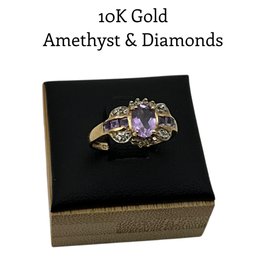 Lot 25DD- 10K Gold With Amethyst & Diamonds Ring Size 7 - WE SHIP! Weight In Photos