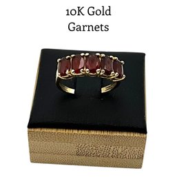 Lot 26DD- 10K Gold With Garnets Ring Size 6 1/2 - WE SHIP! Weight In Photos