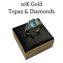 Lot 28DD- 10K Gold Blue Topaz With Diamonds Ring Size 6 1/2 - WE SHIP! Weight In Photos