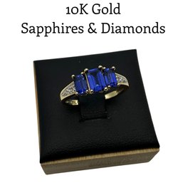 Lot 29DD- 10K Gold With Sapphires & Diamonds Ring Size 6 1/2 - WE SHIP! Weight In Photos