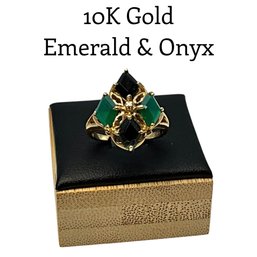 Lot 30DD- 10K Gold With Natural Green Emerald And Onyx Ring Size 6- WE SHIP! Weight In Photos