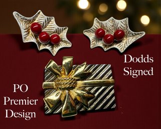 Lot 515LC - Christmas Cheer! Dodds Signed Earrings And Priemer Design Gift In Silvertone