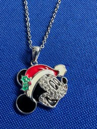 Lot 516LC - Disney Mickey Mouse Santa Hat Enamel & Crystal Rhinestones Christmas Necklace & Brass Pendant JCM
