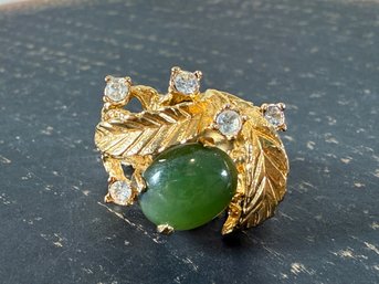 Lot 448LC - Ornate Costume Ring 18KT HGE Gold Electroplated Green Stone Wrapped In Gold Leafs