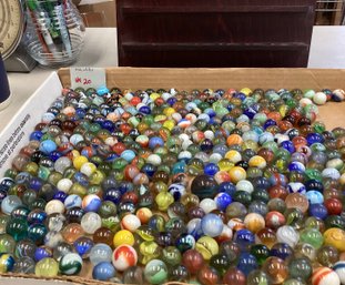 Lot 20RR-  We Have A Big Lot Of Marbles Here With A Wood Shelf For Display