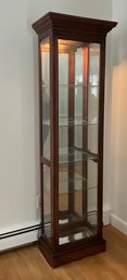 Lot 2- Cherry Wood Slim Curio Cabinet - Lighted - Collectibles Storage Unit With Adjustable Shelves.