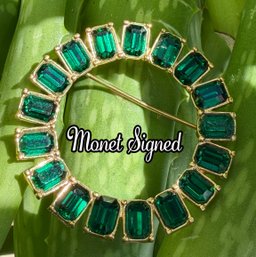 Lot 321LC - Vintage Monet Igned Emerald Green Rhinestones W Goldtone Accents Round Wreath Pin Brooch