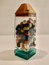 Lot 263CV -  Unique Teal & Clear Glass Decorative Bead & Shell Filled Covered Bottle