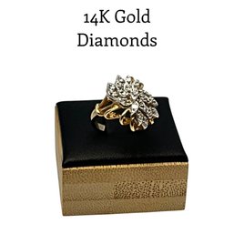 Lot 38DD- 14K Gold Diamond Cluster Cocktail Ring Size 5 1/2 - WE SHIP! Weight In Photos