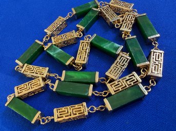 Lot 334LC - 1950-60s Asian Chinese Long Green Pierced Goldtone Oblong Metal Box And Malachite Beads
