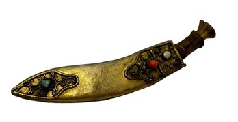 Lot 4SES- Antique Indian Napalese Kukri Mini Dagger Brooch With Coral & Turquoise - Knife & Sheath - 3 Inches