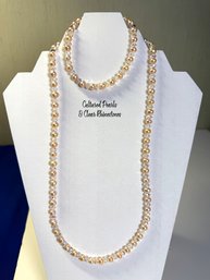 Lot 342LC - Champagne - Soft Rose Tones Cultured Pearls & Crystal Clear Crystals Necklace & Bracelet Set