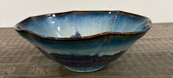 Lot 108- Bill Campbell?? Pottery Bowl - Drip Glaze Flambeaux- Blue & Purple