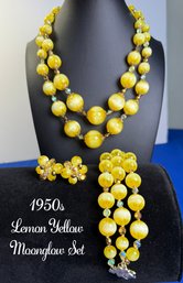 Lot 345LC - 1950s Signed Vandome Lemon Yellow Moonglow Double Strand Necklace, 3 Strand Bracelet - Earrings Se