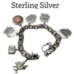 Lot 51JT- Wells Sterling Silver Heart Bracelet With All Sterling Charms- Girls Boys Profile- Suitcase- Frame