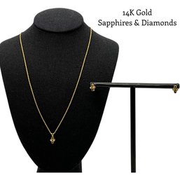 Lot 53JT- 14K Gold Chain - Sapphire & Diamond Pendant & Matching Earrings - WE SHIP! Weight In Photos