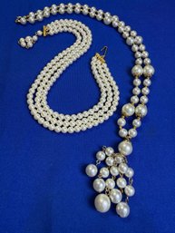 Lot 347LC - Two Faux Pearl Necklaces - Triple Strand Choker & Long Necklace With Tassle