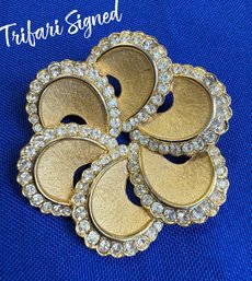 Lot 350LC- 1950s Mid Century Crowned Signed Trifari Flower Pin Brushed Goldtone Petals - Clear Rhinestones
