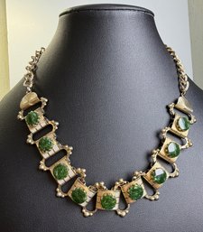 Lot 352LC - 1960s Marbled Green Cabochon Squares On Goldtone Costume Necklace