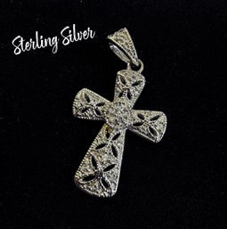 Lot 354LC - Small Sterling Silver Filigree Cross With Small Clear Rhinestones