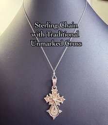 Lot 355LC - Sterling Silver Italy Necklace Chain And Filigree Cross Pendant Not Marked - Traditional Religious