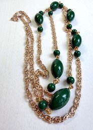 Lot 356LC - Long Goldtone Chain With Green Lucite Beads - Vintage Bohemian Chic