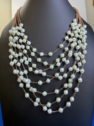 Lot 359LC - Multi 8 Strand Light Baby Blue Faux Pearl Statement Necklace On Goldtone Chain