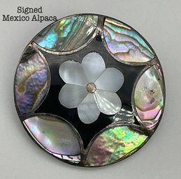 Lot 837LC - Mexico Signed Handcrafted Round Brooch Or Pendant Mother Of Pearl Flower Inlay & Abalone Silver