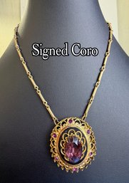 Lot 361LC - 1950s Coro Pendant Necklace - Large Purple Rhinestone Goldtone - Victorian Revival Costume Jewelry