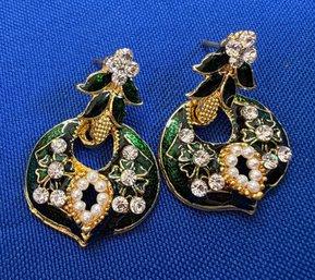 Lot 363LC - Green Enamel Small White Pearls - Persian Art - Clear Crystal Goldtone Pierced Indian Earrings
