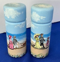 Lot 99SES- Original Hand Painted Victorian Family On The Ocean Scene Salt & Pepper