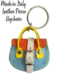 Lot 365SES - CUTE! Brand New Italian Leather Miniature Keychain Purse From Italy - Blue & Orange