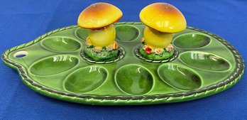 Lot 103SES- 1960s Deviled Egg Dish With Mushroom Salt & Pepper - Japan  - Kitschy