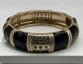 Lot 846LC - Gold & Enamel Inlay Black With Clear Rhinestone Crystal Bracelet - Vintage Costume Jewelry