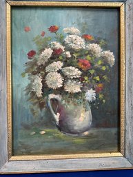Lot 108SES- Original Painting - Art - White Mums By Peg Porter - Nice Vintage Wood Frame