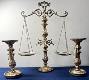 Lot 424 - Vintage Decor Scales Of Justice With Gold Tone Signed Villy & 2 Candlestick Holders With Snuffers