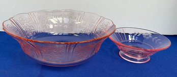 Lot 112SES- Really Pretty! Pink Depression Glass - Footed Small Bowl & Serving Bowl - 2 Antique Kitchen Ware