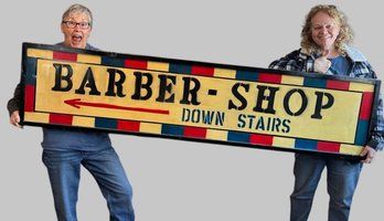 Lot 61- Barber Shop Downstairs Sign- Metal With A Wood Frame