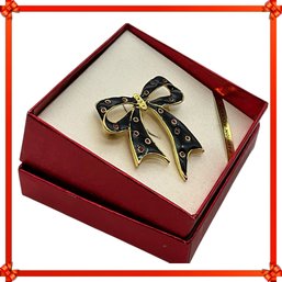Lot 5JT- Costume Black Enamel Bow Brooch Pin - New In Box- Holiday Jewelry