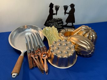 Lot 452 - Mid Century Collection 6 Maxam Steel Knives, Celery Plate Sign SLG, Kitchen Blessing, Candle Holders