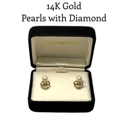 Lot 56JT- 14K Gold Pearl With Diamond Hearts Earrings