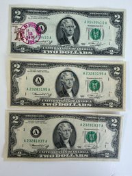 Lot 335SES - 3 US Bicentennial 2 Dollar Bills Currency- Collectible 1976 - Top Bill Stamped Liberty Bell Stamp
