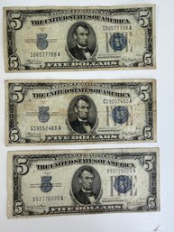 Lot 336SES - 3 US 5 Dollar Bills Currency - 1934 A & D Blue Seal Silver Certificate - Issued During Depression