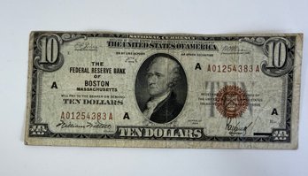 Lot 338SES - 1 US 10 Dollar Bill Currency - 1929 Federal Reserve Bank Boston Brown Seal - Highly Collectible