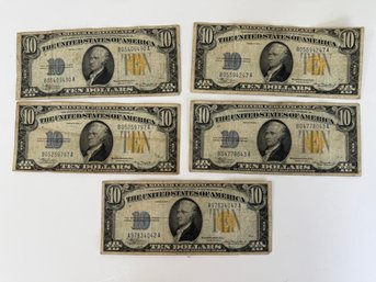 Lot 339SES - 5 US 10 Dollar Bills Currency - 1934 Federal Reserve Bank Boston Yellow Seal - Highly Collectible