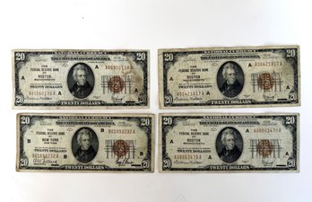 Lot 341SES - 4 US 20 Dollar Bill Currency - 1929 Brown Seal - Federal Reserve Boston - Highly Collectible