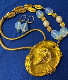 Lot 903WA - Gold Chain With Fresh Water Pearls - Glass Beads - Crystals- Victorian Pendant & Earrings