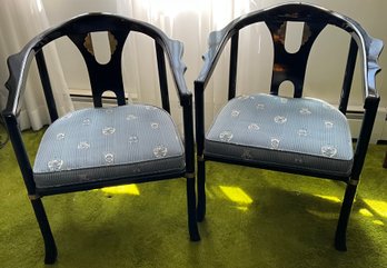 Lot 4- Pair Of Chinese Black Lacquer- Brass Accents-  Asian Lounge Side Dining Chairs - Vintage Furniture