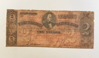 Lot 347SES - 1861 US 2 Dollar Confederate Bill  - Issued During Civil War Richmond VA - Obsolete Currency